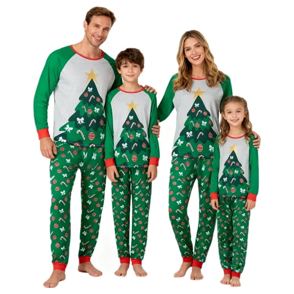 Family Pajamas Matching Set Christmas Tree Print Long Sleeve Tops Elastic Pants Loungewear Sleepwear