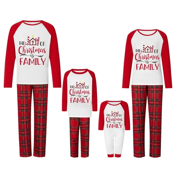 Family Matching Christmas Pajamas, Baby Romper/Dog Clothes/Letter Pattern Long Sleeve Tops and Plaid Pants Sleepwear Set