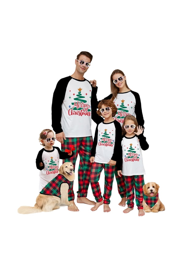 Family Matching Christmas Pajamas, Baby Romper/Dog Clothes/Letter Stars Print Long Sleeve Tops and Plaid Pants Sleepwear Set