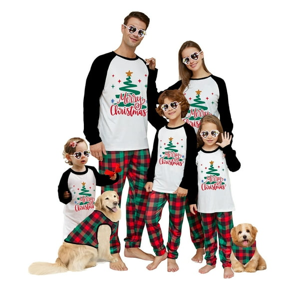 Family Matching Christmas Pajamas, Baby Romper/Dog Clothes/Letter Stars Print Long Sleeve Tops and Plaid Pants Sleepwear Set