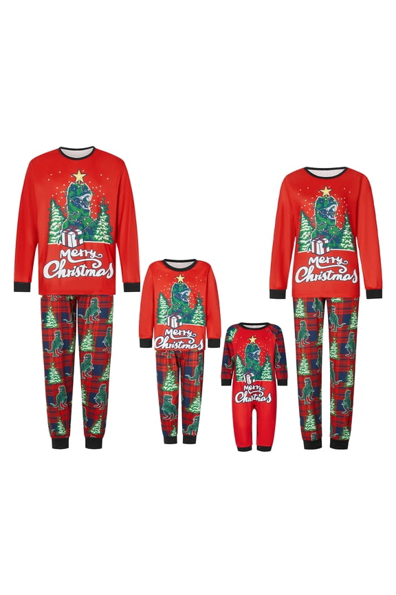Family Matching Christmas Pajamas, Baby Romper/Letter Christmas Tree Dinosaur Print Long Sleeve Tops Plaid Pants Sleepwear Set