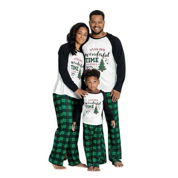 Family Matching Christmas Pajamas, Baby Romper/Letter Christmas Tree Print Long Sleeve Tops + Plaid Pants Loungewear Set