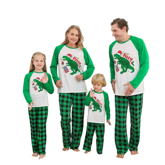 Family Matching Christmas Pajamas, Cartoon Dinosaur Print Long-Sleeved Tops + Elastic Waist Plaid Pattern Trousers