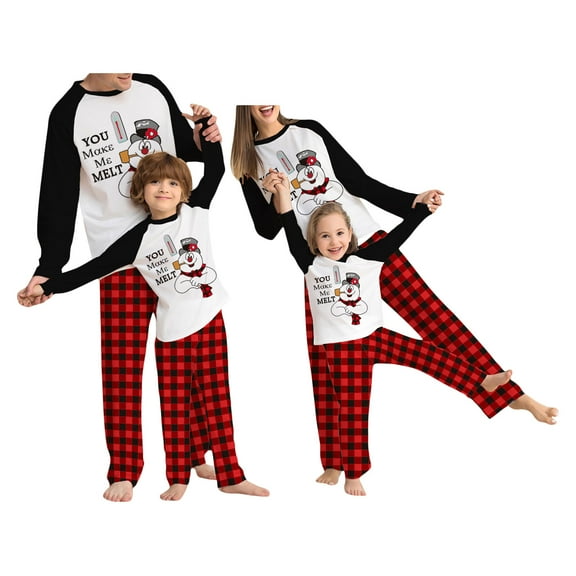 Family Matching Christmas Pajamas, Cartoon Snowman Letter Print Long-Sleeved Tops + Plaid Pattern Trousers Sleepwear