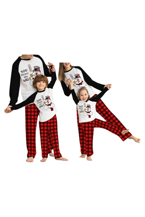 Family Matching Christmas Pajamas, Cartoon Snowman Letter Print Long-Sleeved Tops + Plaid Pattern Trousers Sleepwear