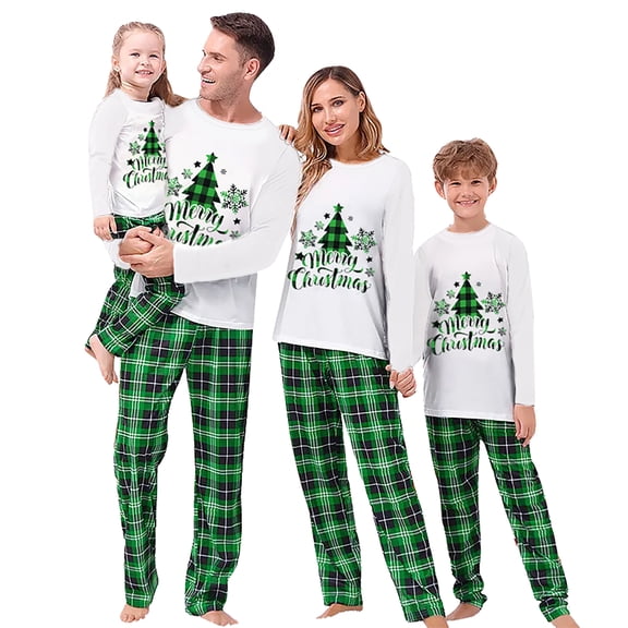 Family Matching Christmas Pajamas Christmas Tree Letter Print Tops Plaid Pants Sleepwear Outfits