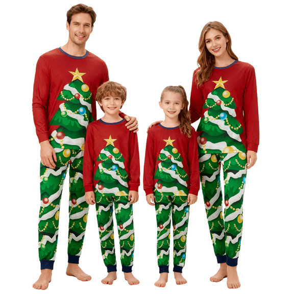 Family Matching Christmas Pajamas Christmas Tree Print Top Pant Sleepwear Set Soft Sleepwear