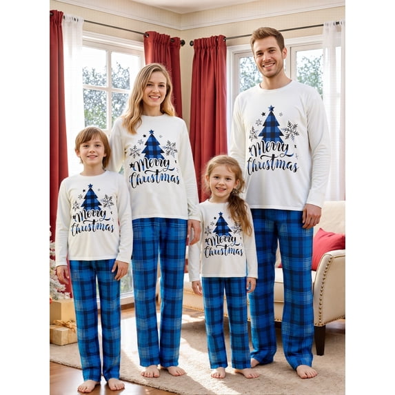 Family Matching Christmas Pajamas, Christmas TreeLetter Print Long-Sleeved Tops + Plaid Trousers Sleepwear Outfits