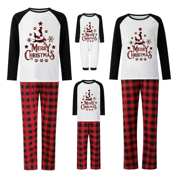Family Matching Christmas Pajamas, ClawLetter Print Long-Sleeved Tops + Plaid Pattern Trousers Sleepwear Outfits