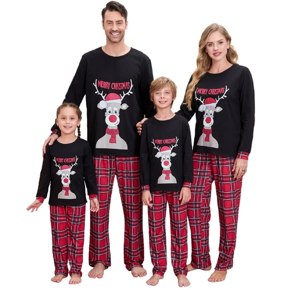 Family Matching Christmas Pajamas Deer Print Pullover Top Plaid Pant Sleepwear Set