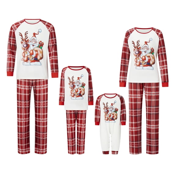 Family Matching Christmas Pajamas, Deer Santa Print Long-Sleeved Tops + Plaid Pattern Trousers Sleepwear Outfits