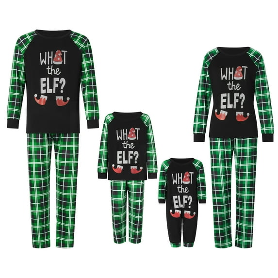 Family Matching Christmas Pajamas, Elf Letter Print Long-Sleeved Tops + Plaid Pattern Trousers Glow at Night Sleepwear
