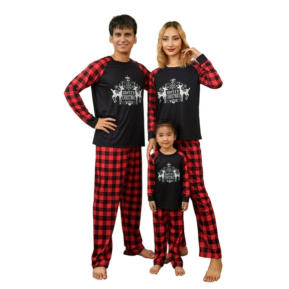 Family Matching Christmas Pajamas, Elk Letter Print Long-Sleeved O-Neck Tops   Plaid Pattern Trousers