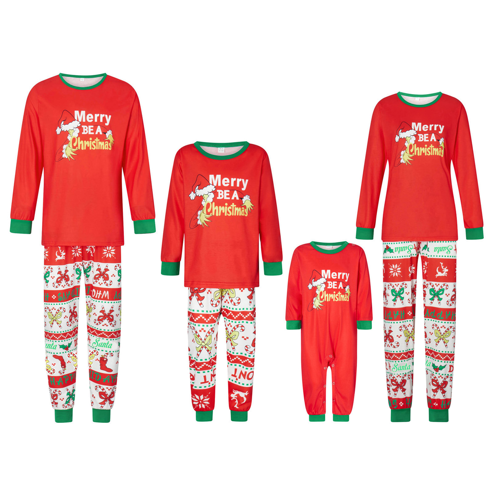 Family Matching Christmas Pajamas, Letter Candy Cane Print LongSleeved
