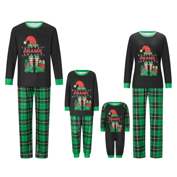Family Matching Christmas Pajamas, Letter Elf Hat Print Long-Sleeved Round Neck Tops + Plaid Pattern Trousers Sleepwear