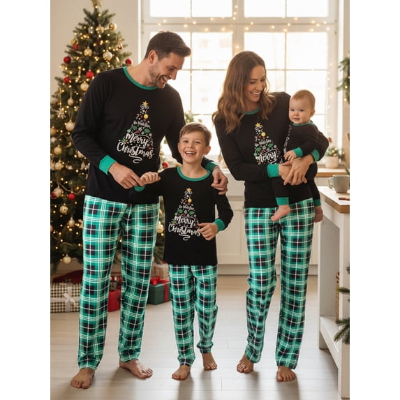 Family Matching Christmas Pajamas, Letter Leaf Print Long-Sleeved Round Neck Tops + Plaid Pattern Trousers Sleepwear Outfits
