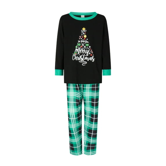 Family Matching Christmas Pajamas, Letter Leaf Print Long-Sleeved Round Neck Tops + Plaid Pattern