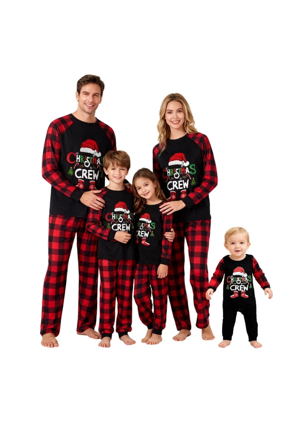 Family Matching Christmas Pajamas Letter Print Long Sleeve Tops Plaid Pants Sleepwear Set