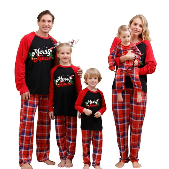 Family Matching Christmas Pajamas, Letter Print Long-Sleeved Round Neck Tops + Plaid Pattern Trousers Sleepwear Outfits