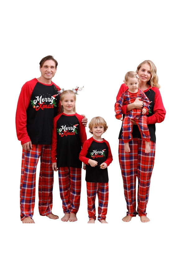 Family Matching Christmas Pajamas, Letter Print Long-Sleeved Round Neck Tops + Plaid Pattern Trousers Sleepwear Outfits