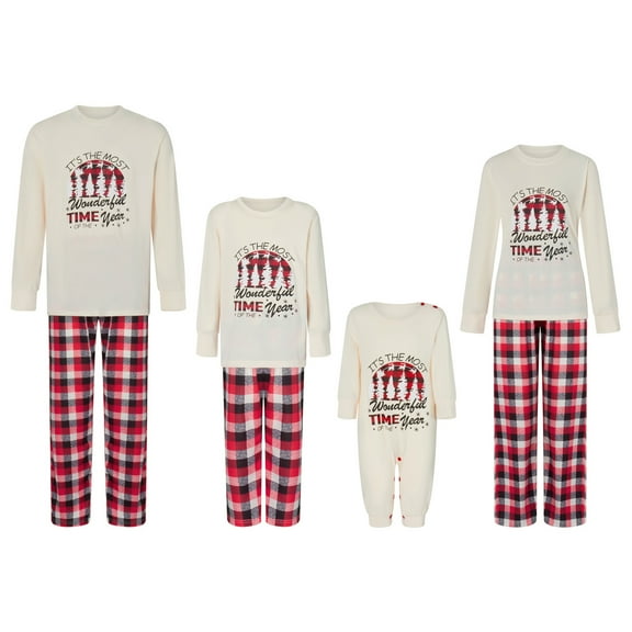 Family Matching Christmas Pajamas, Letter Print Long-Sleeved Round Neck Tops + Plaid Pattern Trousers Sleepwear Outfits