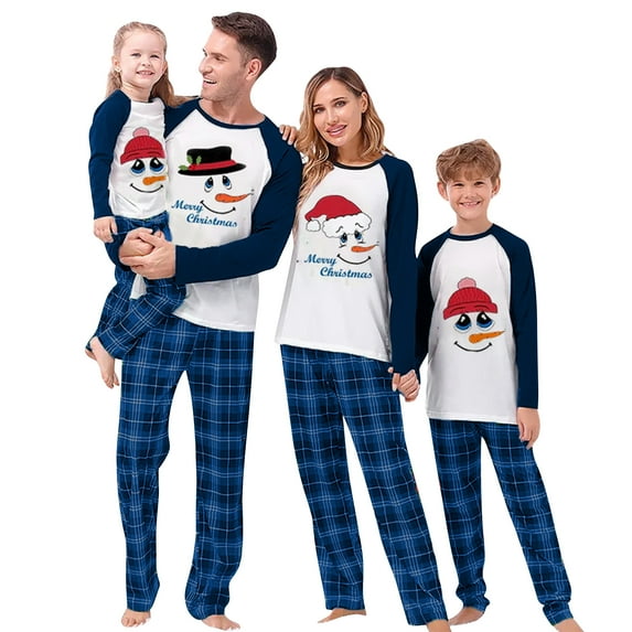 Family Matching Christmas Pajamas, Letter Print Long-Sleeved Round Neck Tops + Plaid Trousers Sleepwear Outfits