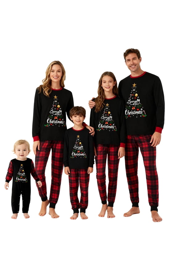 Family Matching Christmas Pajamas Letter Print Long-Sleeved Tops Plaid Pant Sleepwear Outfits