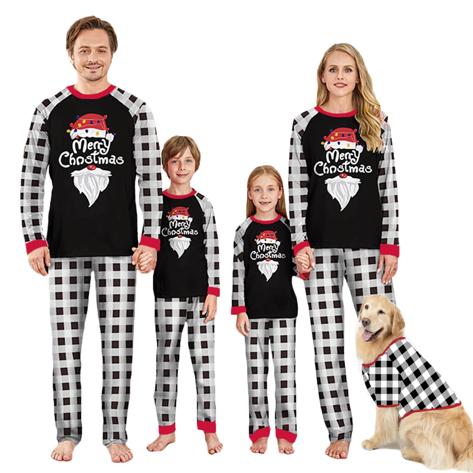 Family Matching Christmas Pajamas Letter Santa Print Tops Black Plaid ...