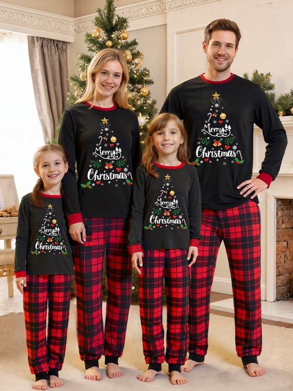 Family Matching Christmas Pajamas, Letter Snowflake Print Long-Sleeved Tops + Plaid Trousers Sleepwear Outfits