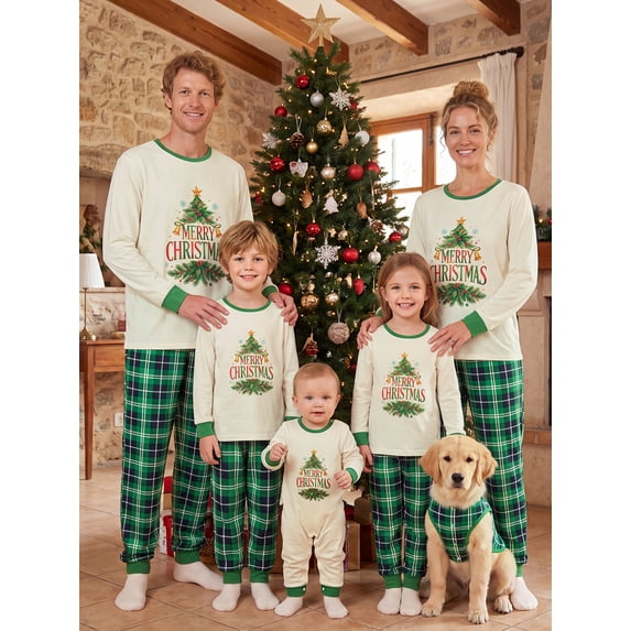 Family Matching Christmas Pajamas Long Sleeve Tops and Plaid Pants