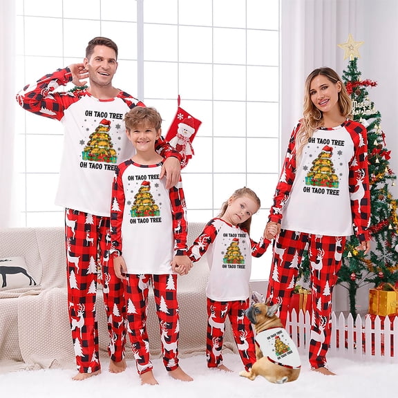 Family Matching Christmas Pajamas Oh Taco Tree Red Festive Design, Sizes NB to 6XL with Pet Outfit