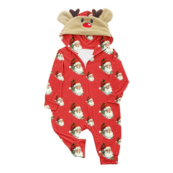 Family Matching Christmas Pajamas Onesie Xmas Cute Printed Long Sleeve Holiday Pjs Hooded Sets Jumpsuit Sleepwear,Red 3,Baby:12 Months