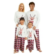 CAITZR Family Matching Christmas Pajamas Outfits, Long Sleeve Deer Printed Tops Elastic Plaid Pants/Romper Sets