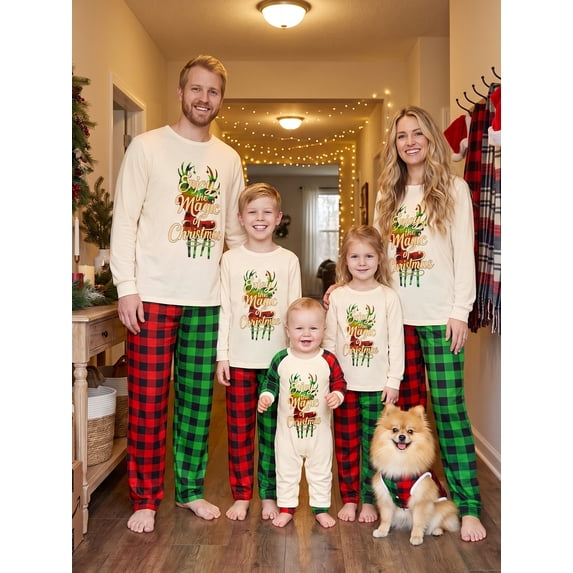 Family Matching Christmas Pajamas Reindeer Long Sleeve Tops Plaid Pants