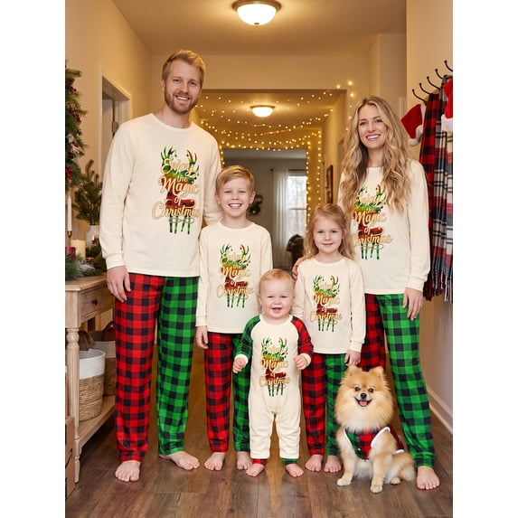 Family Matching Christmas Pajamas Reindeer Long Sleeve Tops Plaid Pants