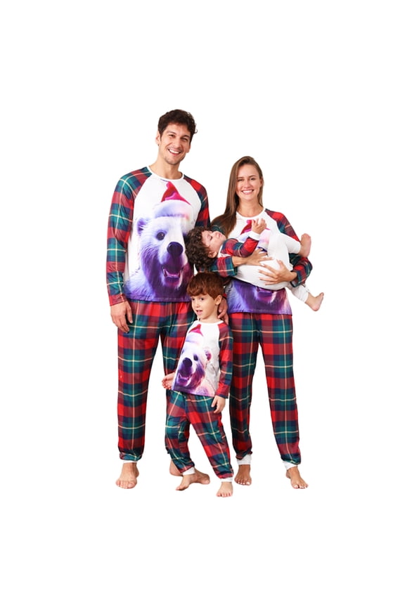 Family Matching Christmas Pajamas, Romper/ Bear Print Long Sleeve Tops and Plaid Pants Sleepwear Loungewear Set