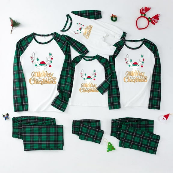 Family Matching Christmas Pajamas Set,2025 Chrismas Printed Long-Sleeved Tshirt Tops and Plaid Trousers Holiday Sleevewear Family Parent-Child Clothing