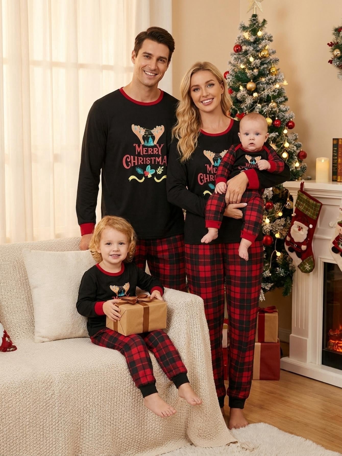 Family Matching Christmas Pajamas Set Antlers Letter Tops Plaid Print ...