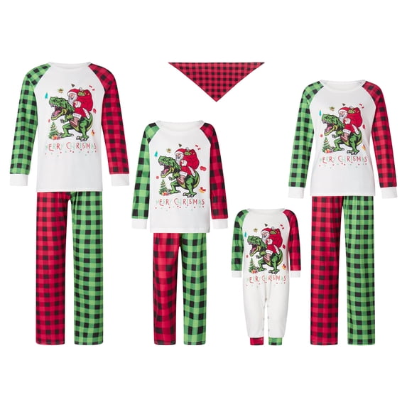 Family Matching Christmas Pajamas Set, Baby Romper/Dog Bandana/Santa Letter Print Long Sleeve Tops Plaid Pants Sleepwear Set