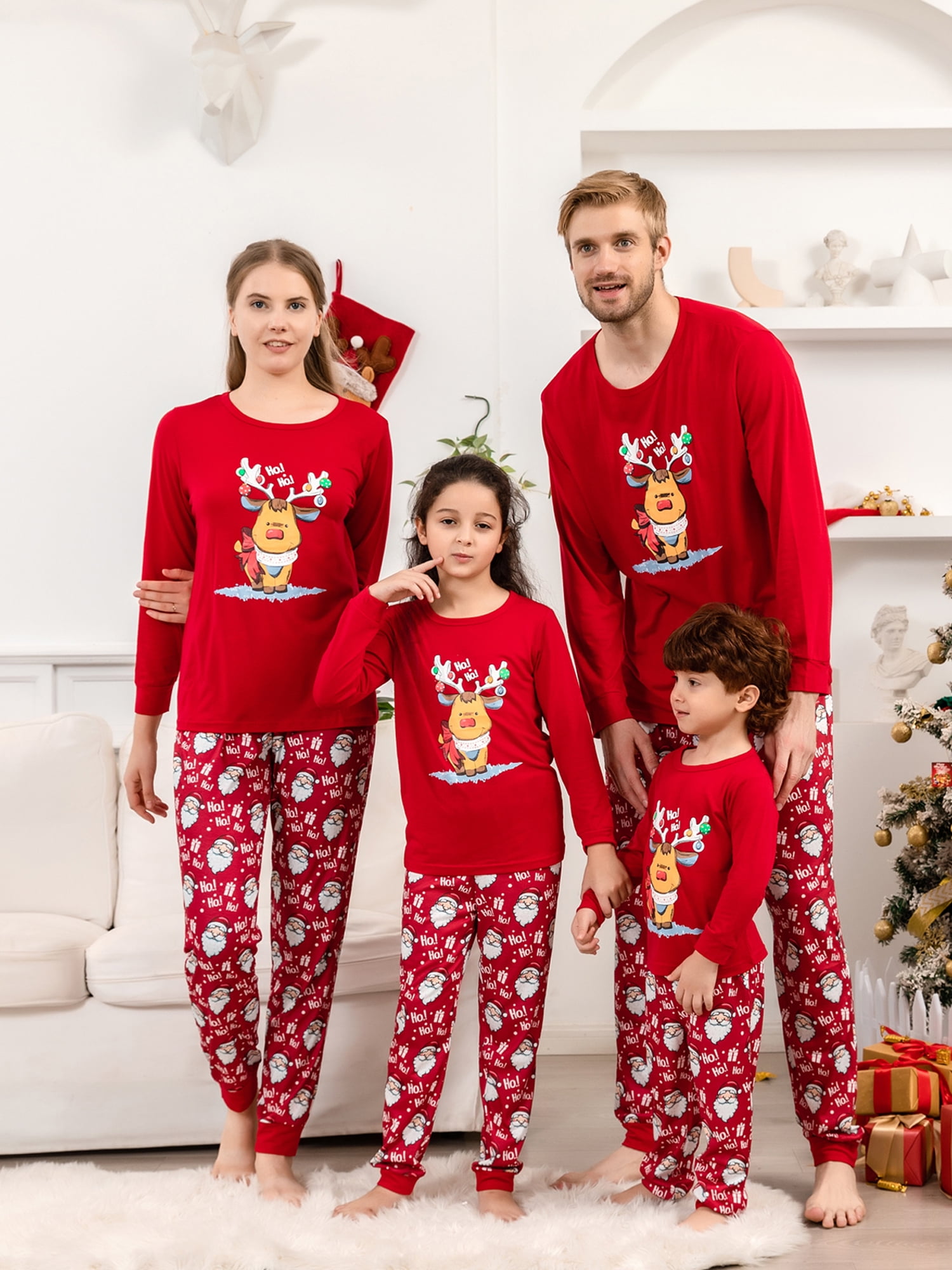 Family Matching Christmas Pajamas Set Cartoon Elk Print Long Sleeve Tops Santa Gift Box Letter Print Pants Sleepwear Set