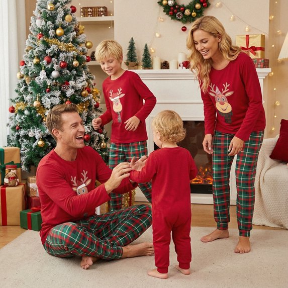 Family Matching Christmas Pajamas Set Deer Head Plaid Print Holiday Pajamas Dad Mom