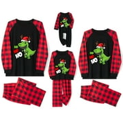 LOUATUI Family Matching Christmas Pajamas Set Dinosaur Print Long Sleeve Round Neck Tops/Romper Plaid Trousers Sleepwear