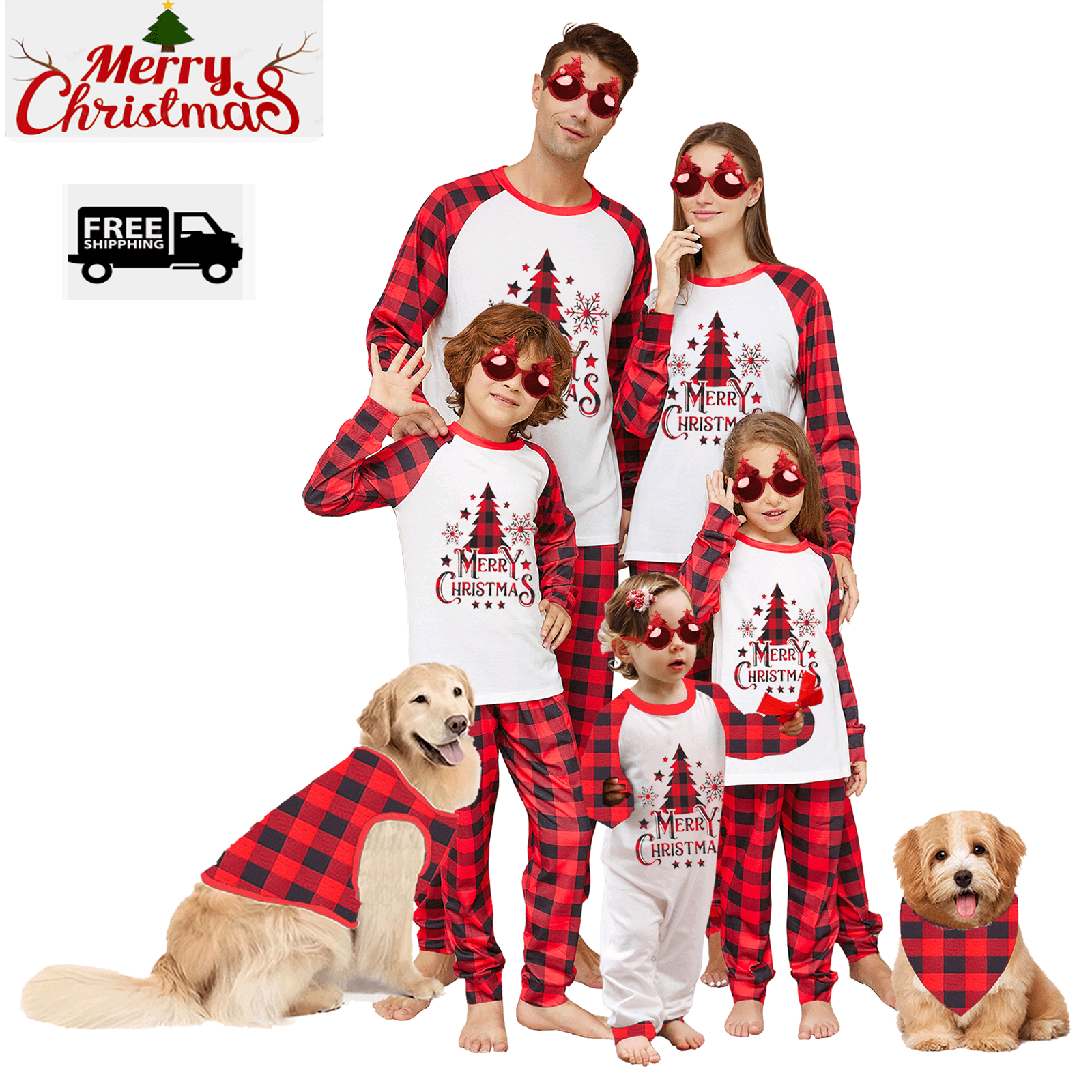 Family Matching Christmas Pajamas Set Holiday Plaid Tree Sleepwear Xmas