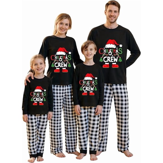 Family Matching Christmas Pajamas Set Letter Print Tops Plaid Pants Holiday Pajamas Sleepwear