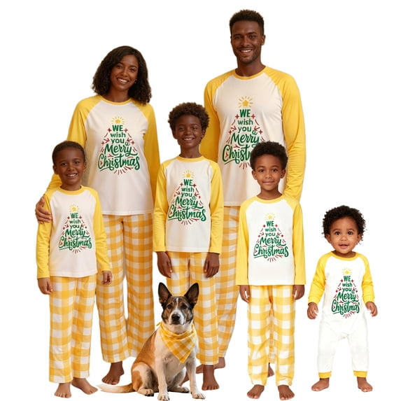 Family Matching Christmas Pajamas Set Letter Print Tops and Plaid Pants Holiday Pajamas Sleepwear
