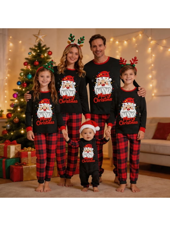 Family Matching Christmas Pajamas Set, Letter and Santa Claus Print Long Sleeve Tops with Plaid Pants, Holiday Pjs Sleepwear Loungewear