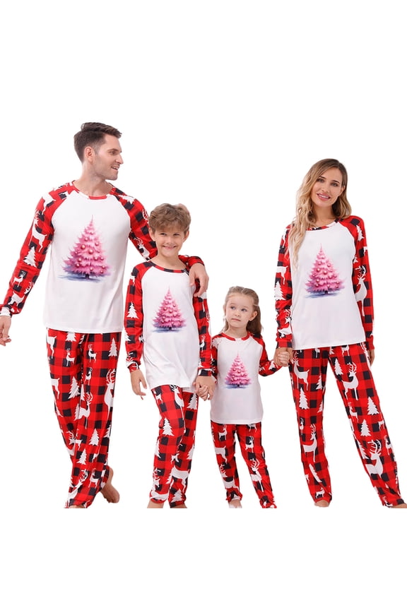 Family Matching Christmas Pajamas Set Long Sleeve Crew Neck Tops for Kids Christmas Pink Tree Print Shirt Red Plaid Pj Pants My Order My Items