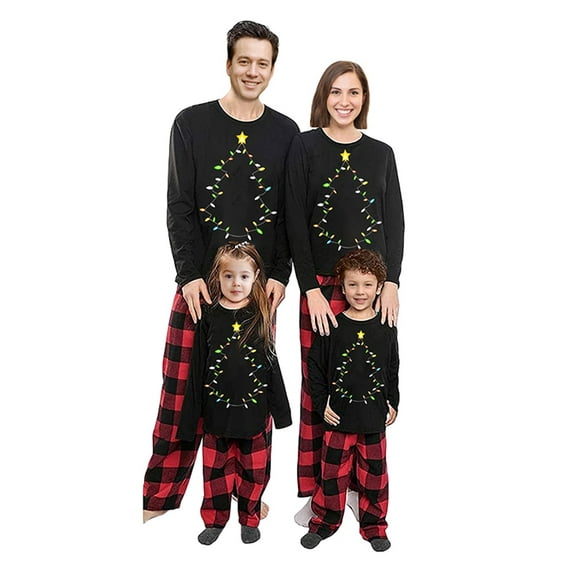Family Matching Christmas Pajamas Set, Long Sleeve Xmas Tree Print Tops Plaid Pants Set
