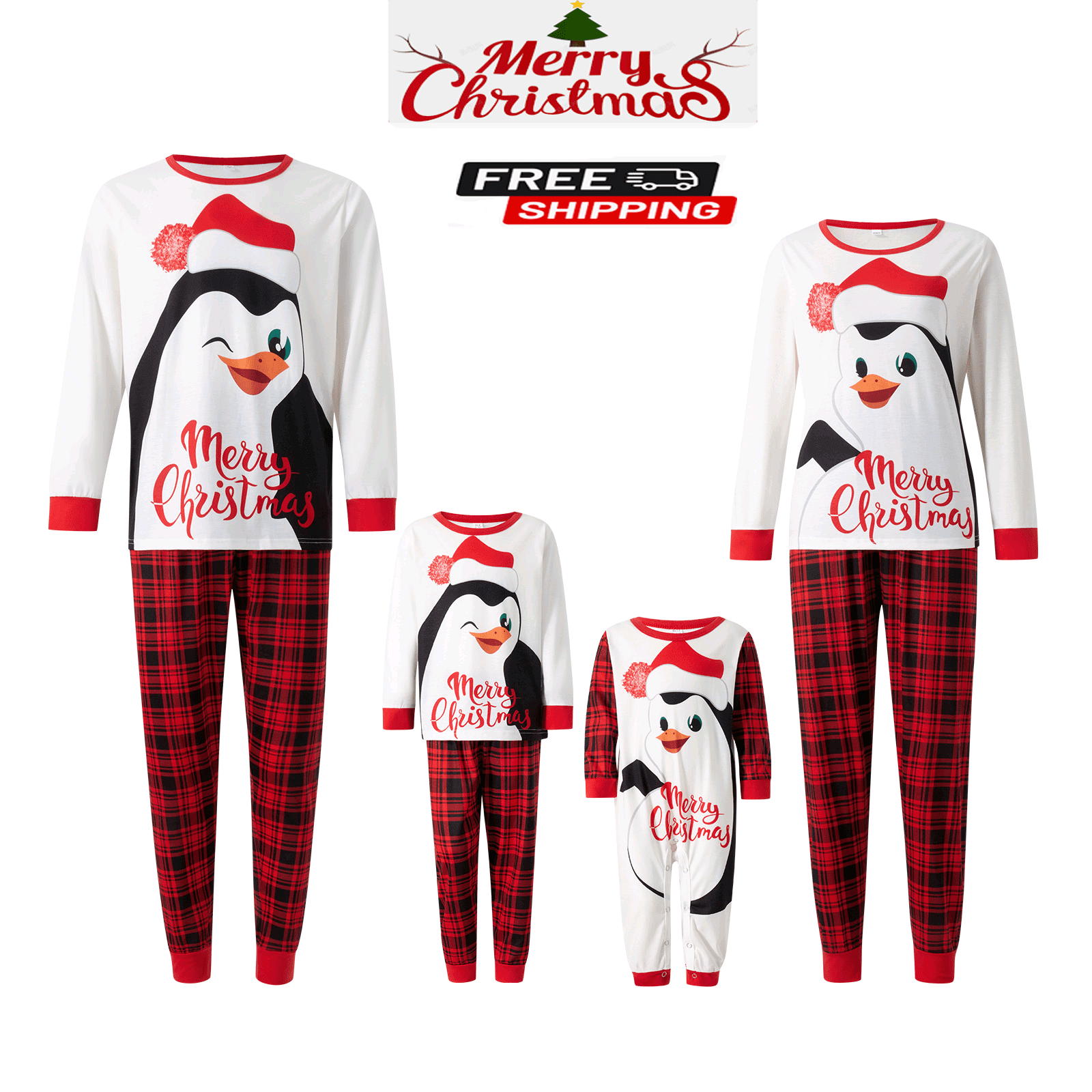 Family Matching Christmas Pajamas Set Penguin Plaid Walmart