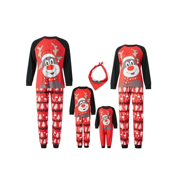 Family Matching Christmas Pajamas Set, Pet Kerchief/Baby Romper/Cartoon Elk Print Long Sleeve Tops + Deer Print Pants Set